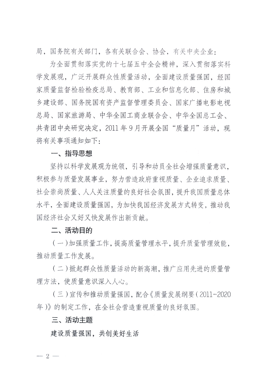 國家質(zhì)量監(jiān)督檢驗(yàn)檢疫總局、教育部、工業(yè)和信息化部、住房和城鄉(xiāng)建設(shè)部國務(wù)院國有資產(chǎn)監(jiān)督管理委員會、國家廣播電影電視總局、國家旅游局中華全國工商業(yè)聯(lián)合會、中華全國總工會、共青團(tuán)中央《關(guān)于開展2011年全國“質(zhì)量月”活動的通知》
